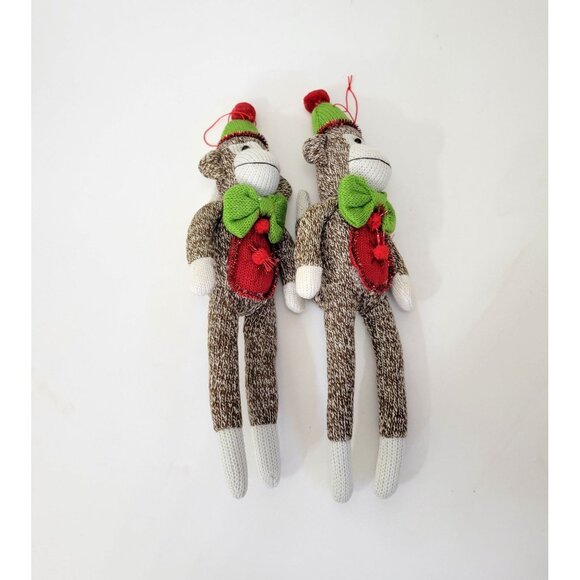 Sock Monkey Ornaments With Green Christmas Hats & Bow Ties, Set of Two - Picture 5 of 6